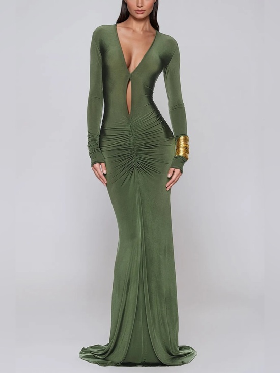 Helsa Dresses & Skirts - Olive Green Long-Sleeve Ruched Evening Gown